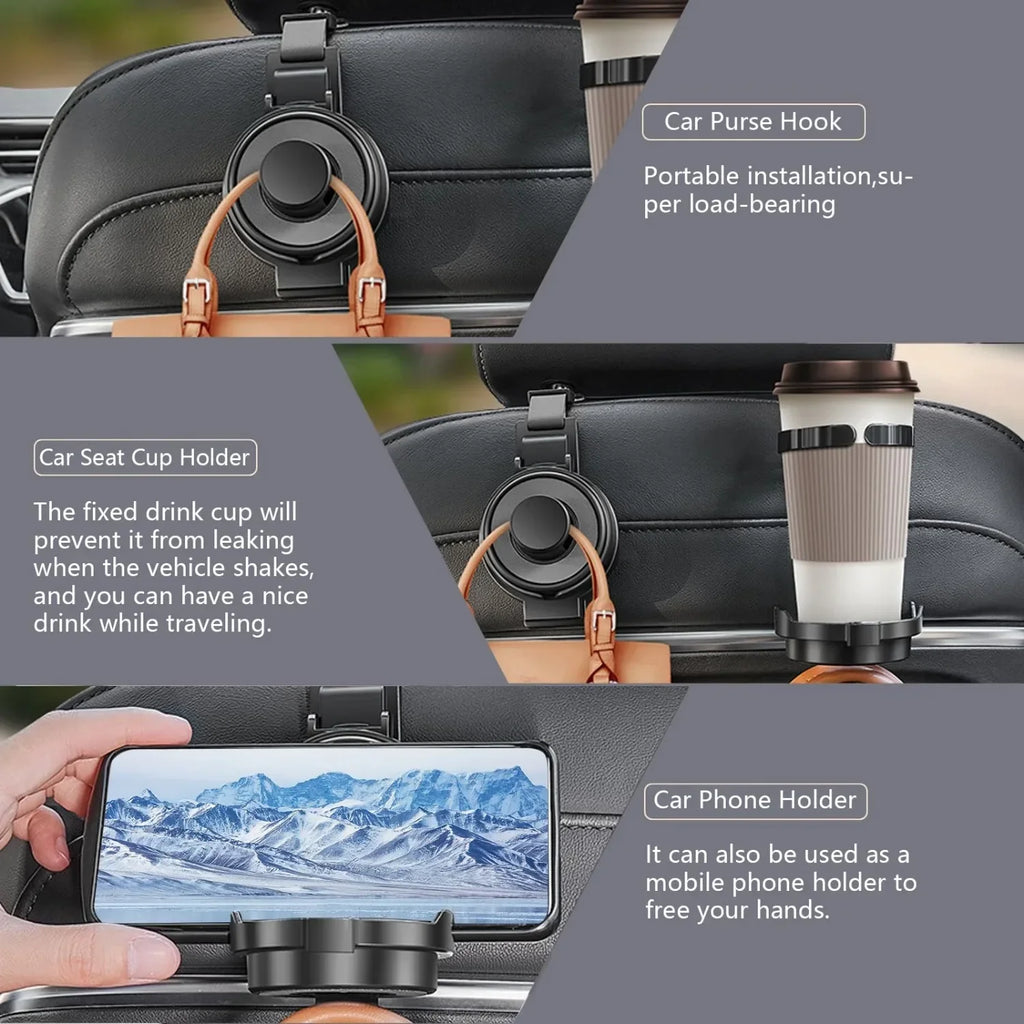 3-in-1 Cup Holder Cell Phone Holder Bag Hook for Car Seat Multifunctional Seat Back Organizer Storage Car Headrest Clip Hook