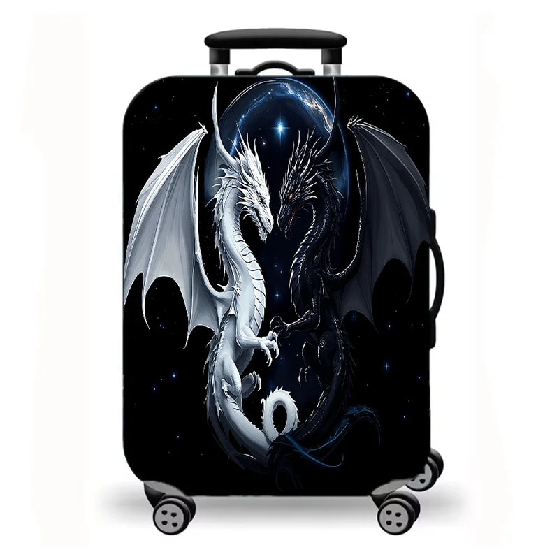 Luggage Cover, Fantasy Dragon Dinosaur Print Stretch Suitcase Protector, Medieval Castle Mythical Creature Travel Design
