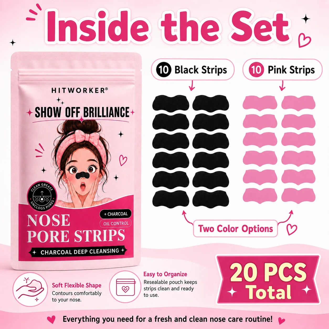 10/20Pcs Black & Pink Blackhead Remover Nose Strips, Deep Pore Cleansing Oil Control Nose Mask Patches, Unisex Facial Skin Care