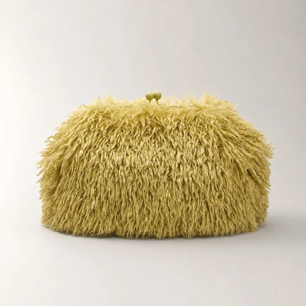 Women kisslock Faux Fur furry Clutch bag winter warm pouch frame clasp bag with chain crossbody dark grey red yellow