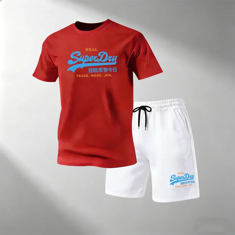 Summer Street Fitness Men's T-Shirts Sets Short Sleeve T-Shirt + Shorts Quick Dry Breathable Round Neck Running Suit Hot Sale