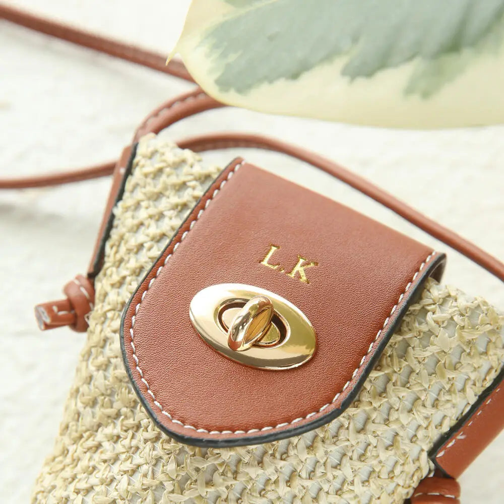 Custom Gold Embroidery Name Mini Straw Crossbody Bag Summer Woven Earphone Lipstick Storage Purse Tiny Leather Flap Shoulder Bag