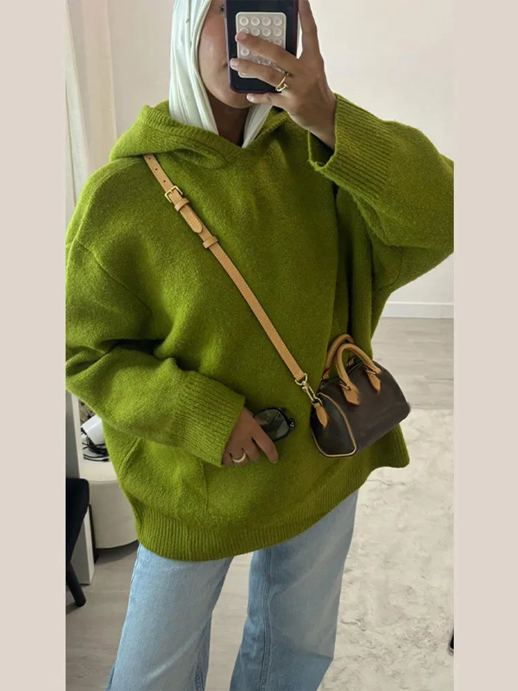 Green Sweater Knitted Women Hooded Casual Long Sleeve Solid Loose Woman Pocket Pullover Jumper 2026 Spring Female Sweaters Top