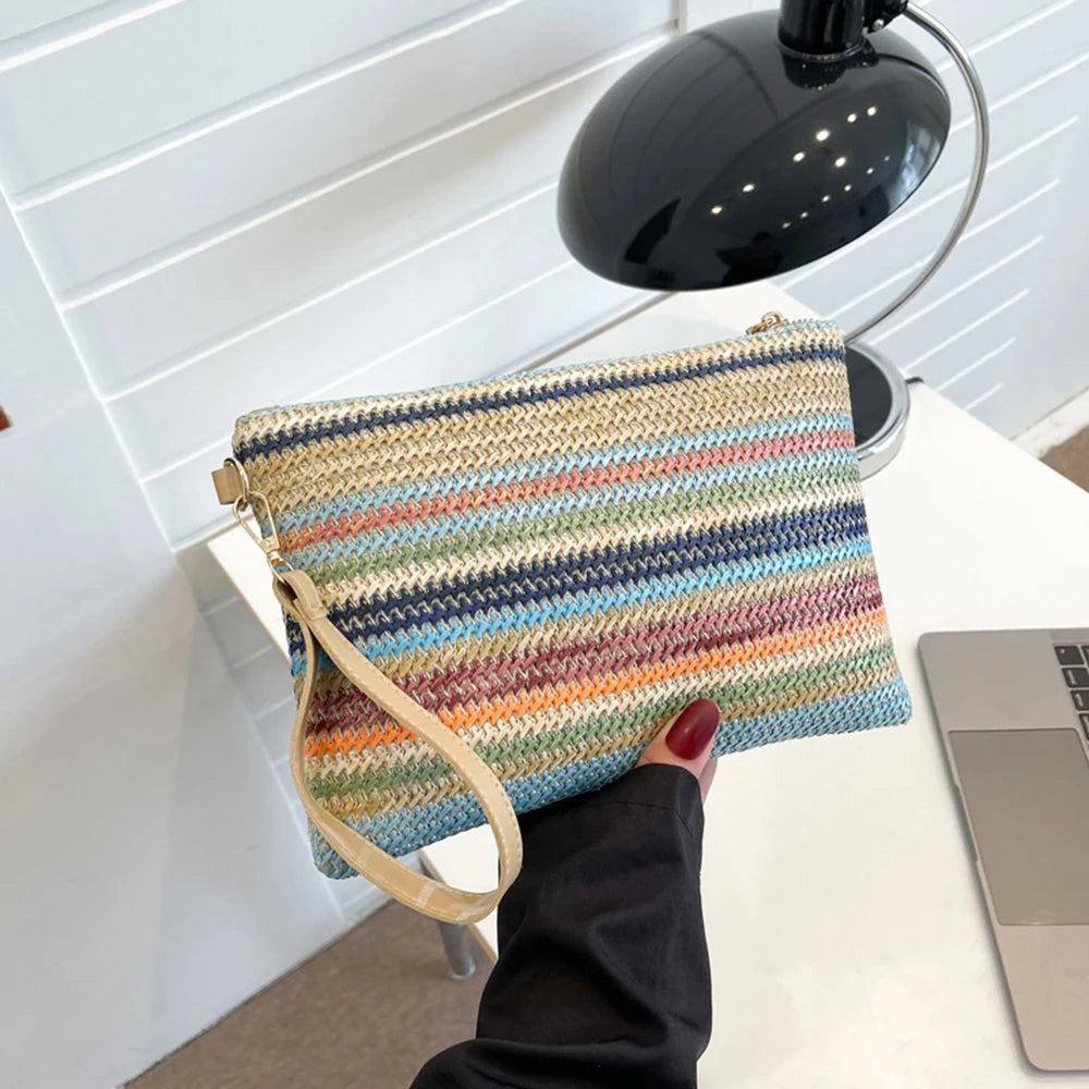 Vintage Hand Woven Clutch Bag Colourful Money Beach Long Bag Handmade Casual Portable Elegant Exquisite for Weekend Vacation
