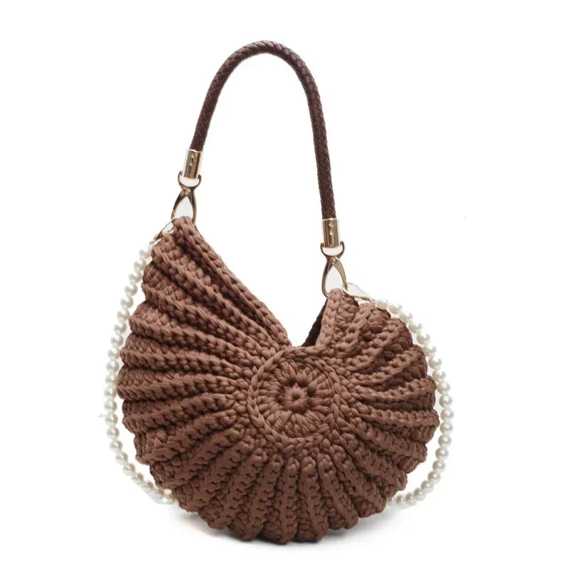 Creative Candy Color Conch Bag For Women Crochet Shoulder Bags Funny Cute Pearls Chains Handmade Weave Crossbody Hobo Shell Bag