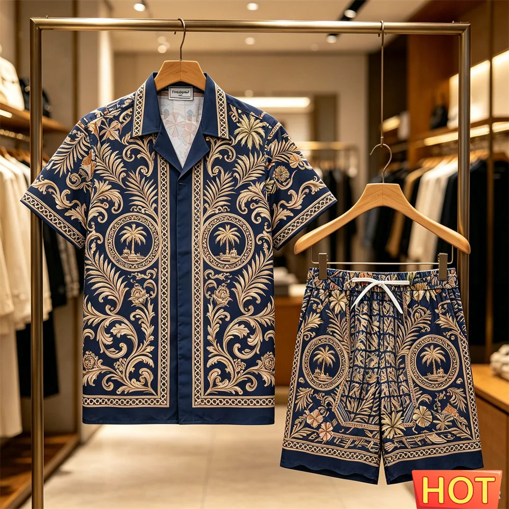 Men's Summer Tees Sets Fashion Coconut Tree 3D Print Short Sleeve Tops +Shorts 2 Piece Outfit Hawaiian Beach Vacation Shirt Suit