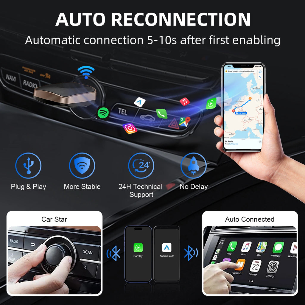 2026 2-in-1 Wireless CarPlay Android Auto Adapter for Factory Wired Cars with 5G WiFi Bluetooth 5.0 Plug and Play OTA Upgrade
