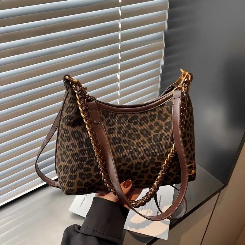 Y2K leopard print shoulder bag for women, 2026 new model, high-end style, underarm bag with adjustable chain strap,crossbody bag