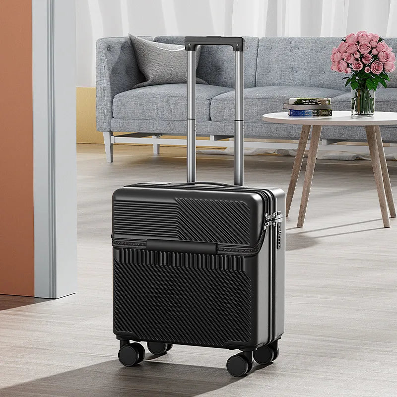 18 inch Front Opening Travel Suitcase Trolley Luggage Password Case Cabin Boarding Suitcase With USB Charging Port Cup Holder