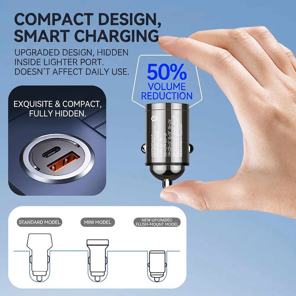Stealth USB C Car Charger Dual Port PD QC 3.0 Fast Charging Adapter Flush Mount Metal Car Charger Plug For iPhone 17 16 Pro Max