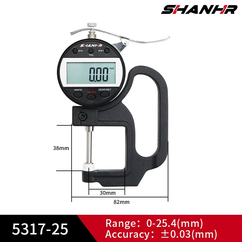 SHANHR Digital Thickness Gauge 0-10/0-25 mm, 0.01 mm Precision Measuring Tool for Leather and Glass