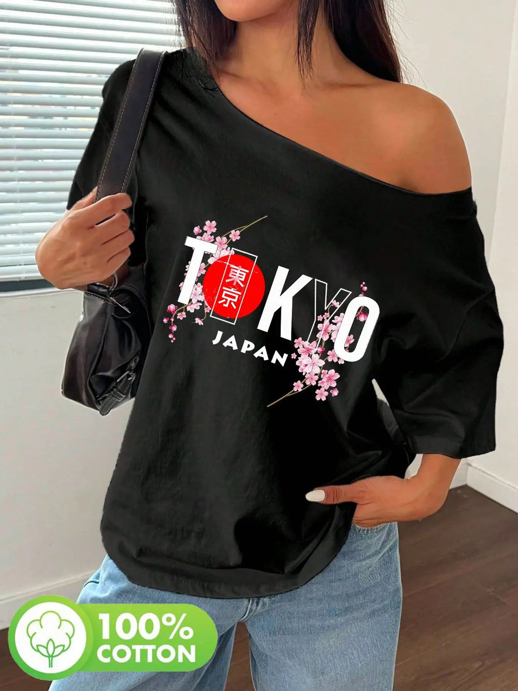 Plus Size Tokyo Japan Cherry Blossom Kanji Red Sun Graphic Print T-Shirt Loose Fit Oversized Y2K Style Women Tops Summer Off