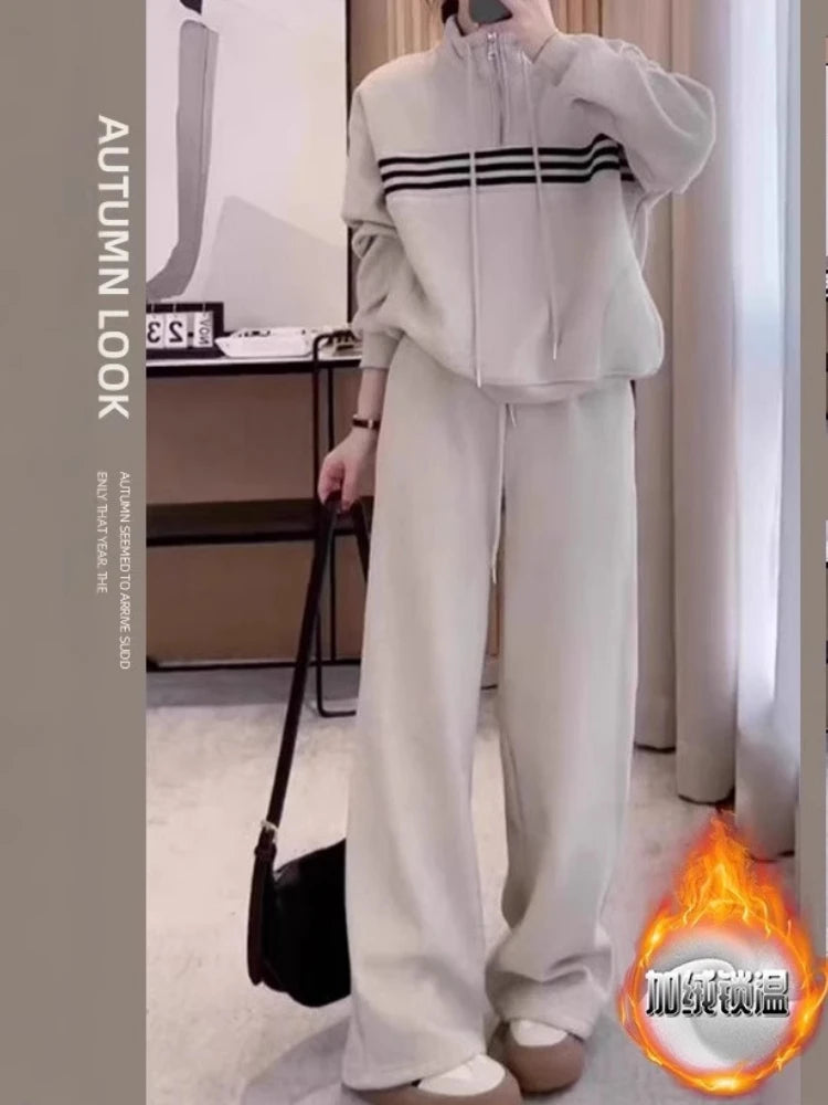 Thickened Design Striped Sweatshirt Set Women's New Autumn Fleece Wide Leg Casual Sweatpants Long-sleeved Top Two Piece Set