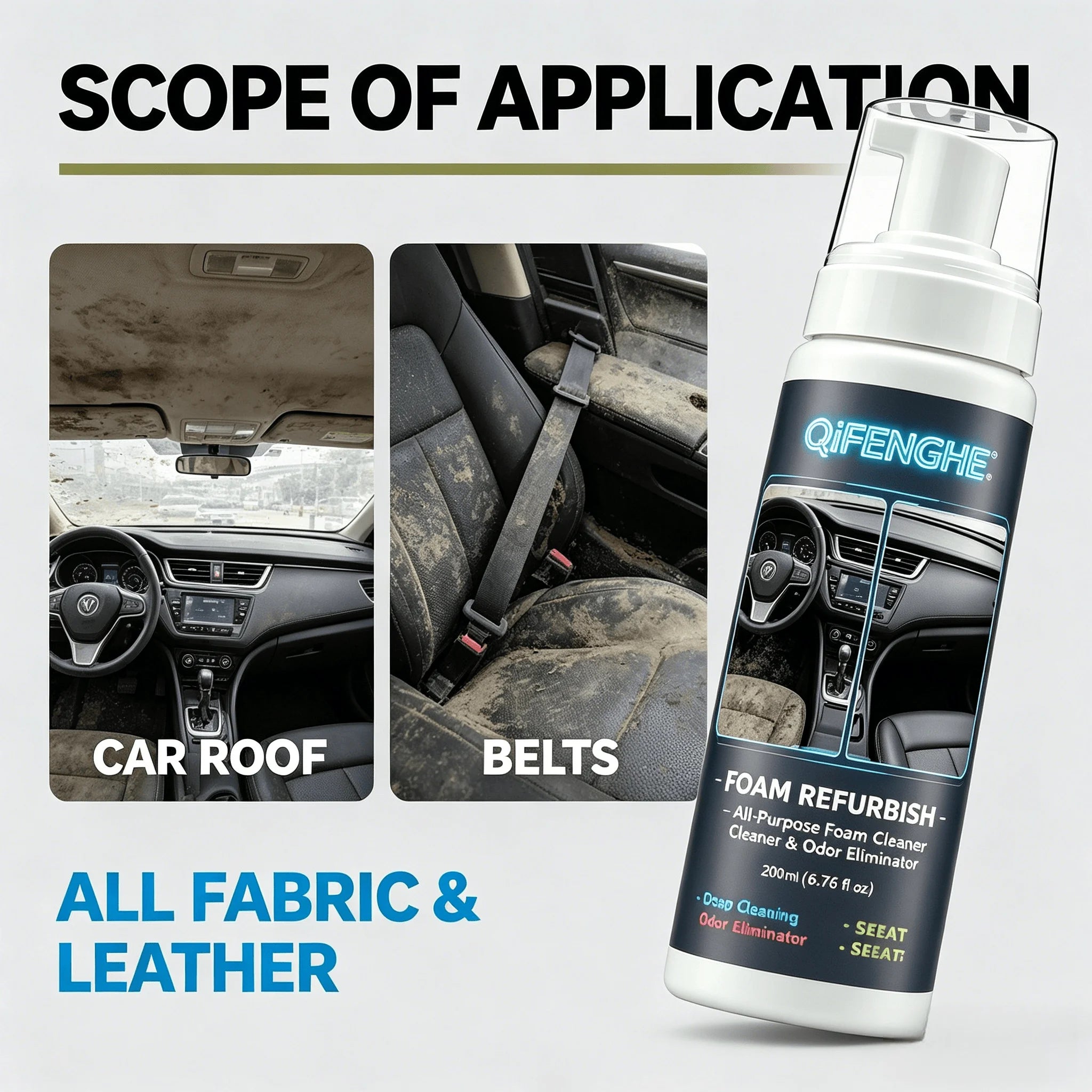 200ML No Rinse Car Foam Cleaner with Sponge Multi-Purpose Auto Interior Deep Cleaning Foam Odor Eliminator for Leather Seat Dash
