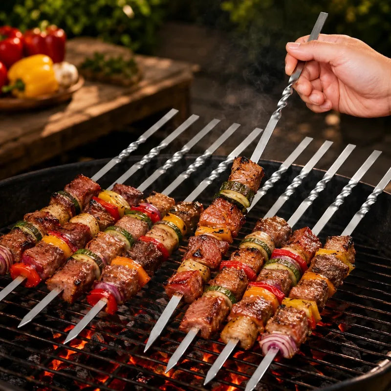 Stainless Steel Barbecue Skewers Reusable Portable Barbecue Fork Outdoor Camping Picnic Barbecue Utensils Kitchen Accessories