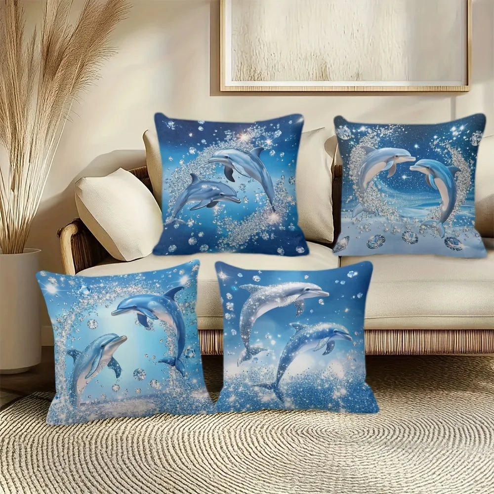 4pcs Linen Pillow Covers 45x45cm Dolphin Ocean Print Cushion Cases Blue Sparkle Bubbles for Sofa Bed Decor Zipper Closure