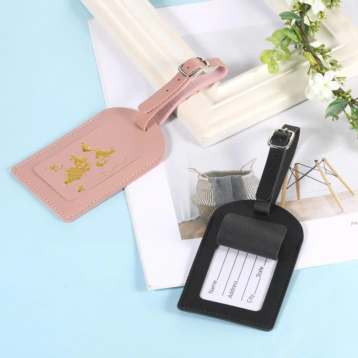 2pcs Leather Luggage Tag, Baggage Address Tags with Adjustable Strap Luggage Labels Privacy Protection Suitcase Tags