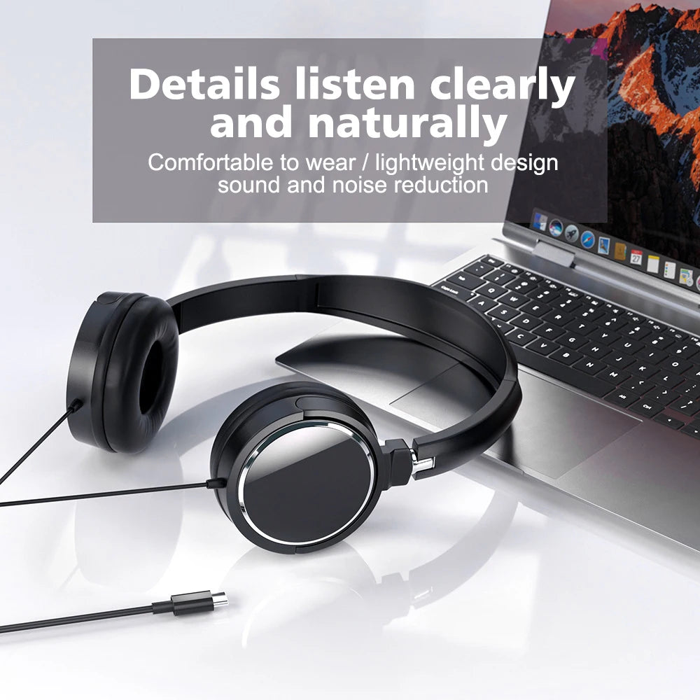 3.5mm/Type-C Wired Headphones Noise Cancelling Business Over Ear Headset Flexible Adjustable Stereo Earphones for PC MP3 Mobile