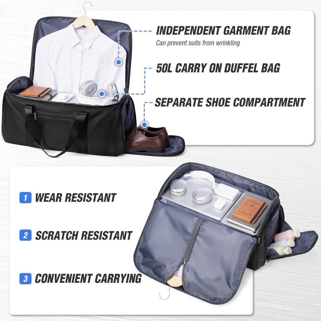 Travel Bag for Men, Convertible Carry on Garment Duffel Bag,Weekender Bag Hanging Suitcase Suit Business Travel Bag Clothing Bag