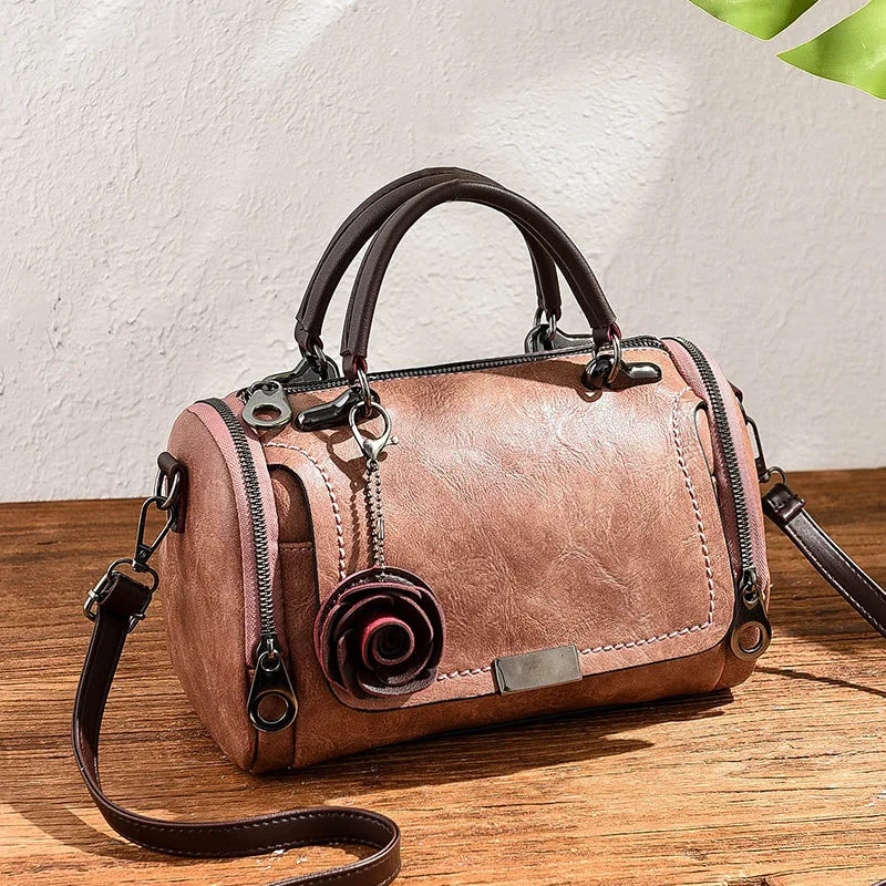 Large Vintage Boston Handbag - Solid Color PU Satchel with Zipper Closure, and Flower Pendant - Perfect for Occasional Use