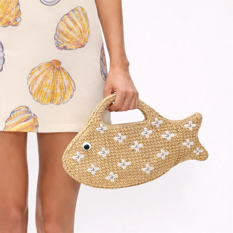 Fish Shaped Hollow Woven Hand-held Bag Niche Design Rattan Woven Bag Leisure Clip Bag Women New Fashion Creative Casual Clutch