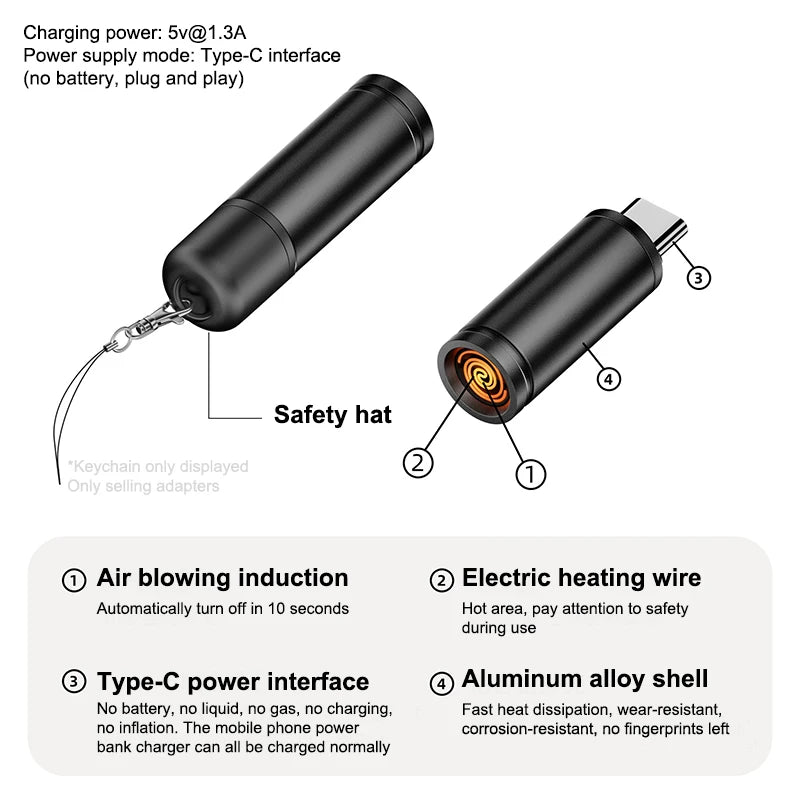 Type C Mini Lighter Blow-to-Ignite Auto Shut-Off For Air Travel Outdoor No Battery No Flame Portable Safety Lighter Adapter