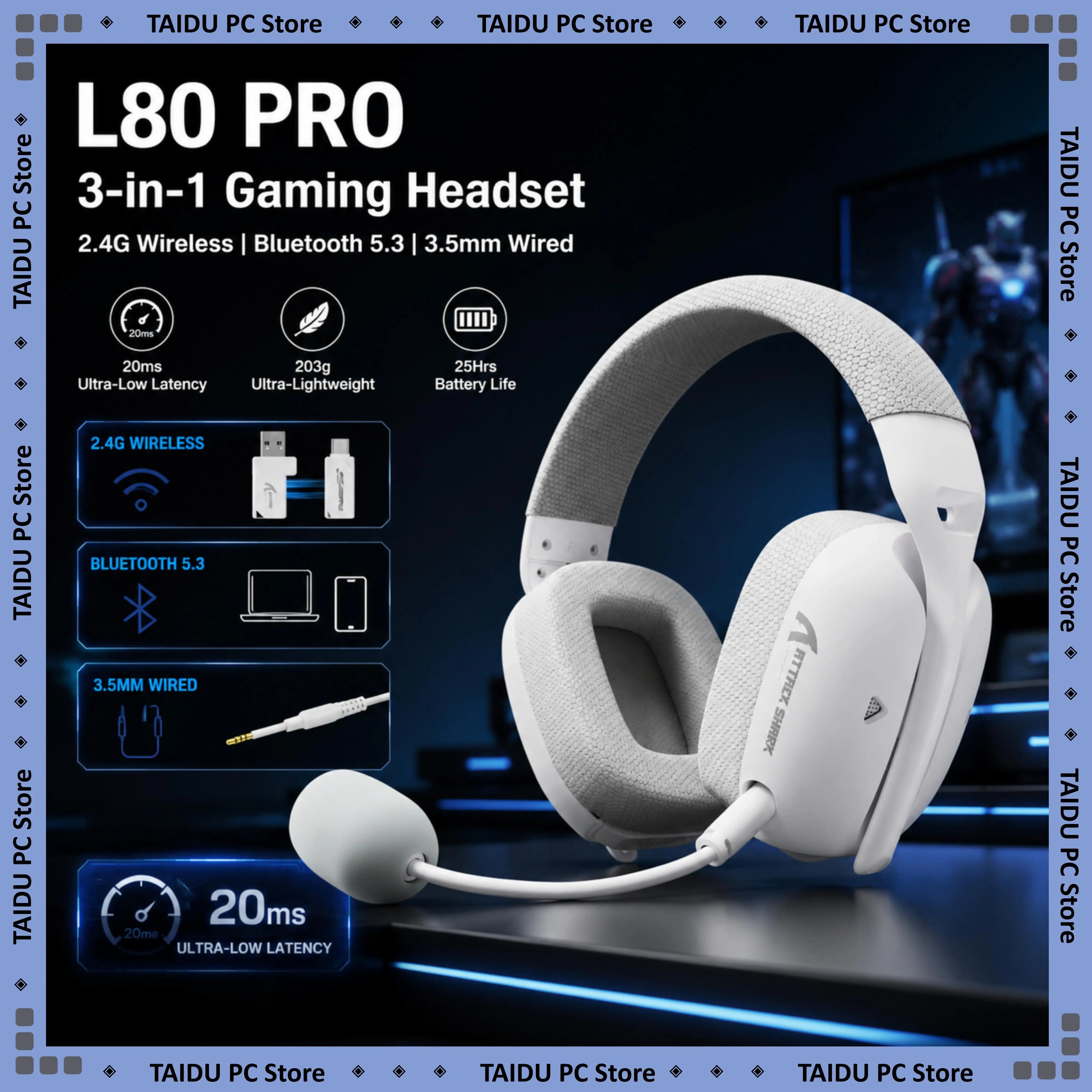 Attack Shark L80 PRO 3-in-1 Gaming Headset 2.4G Bluetooth 5.3 3.5mm Wired 40mm Hi-Fi 20ms Ultra Low Latency Headphones