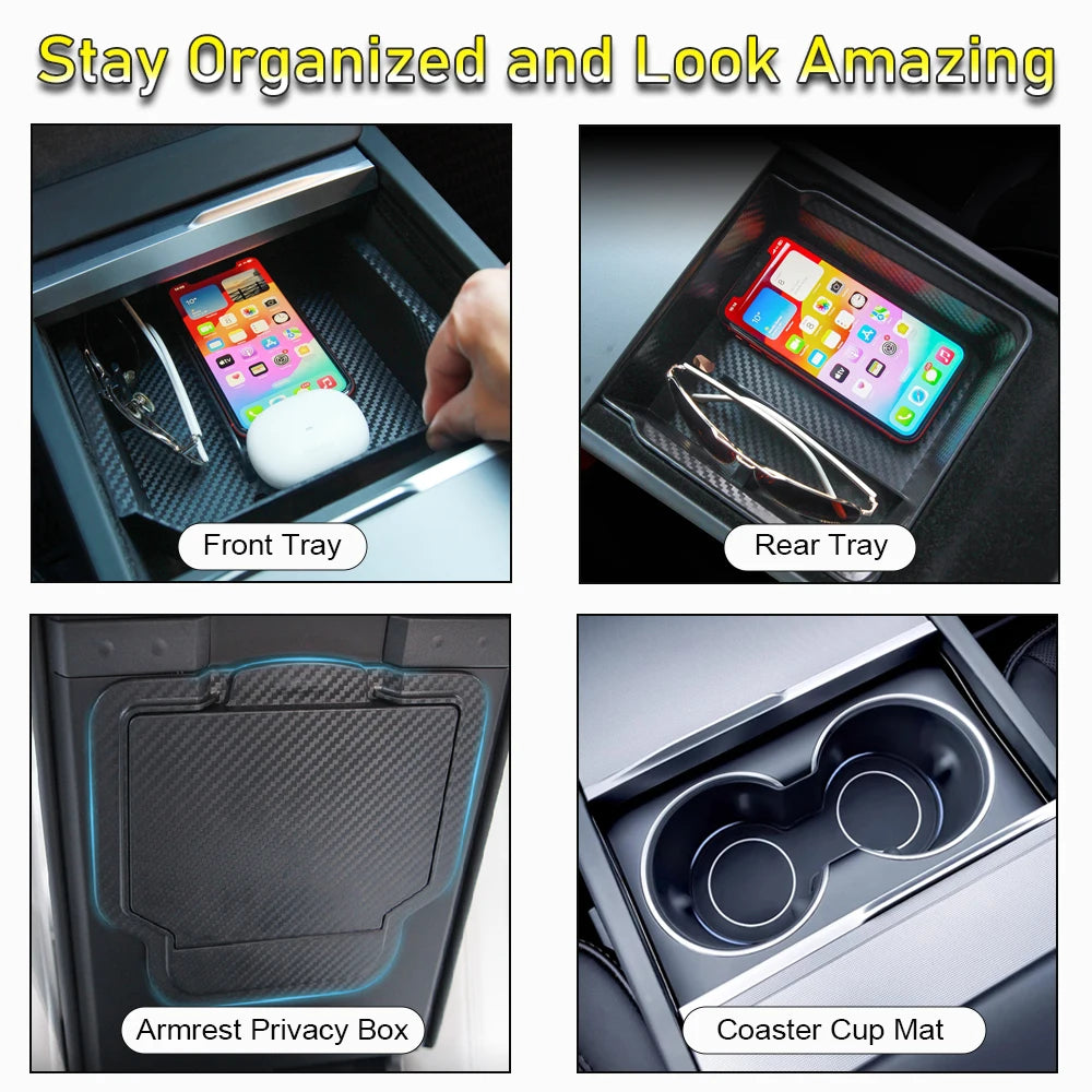 For Tesla New Model Y Juniper Launch 2025 Model 3 Highland Storage Box Organizer Center Console Trays Drawer Armrest Accessories