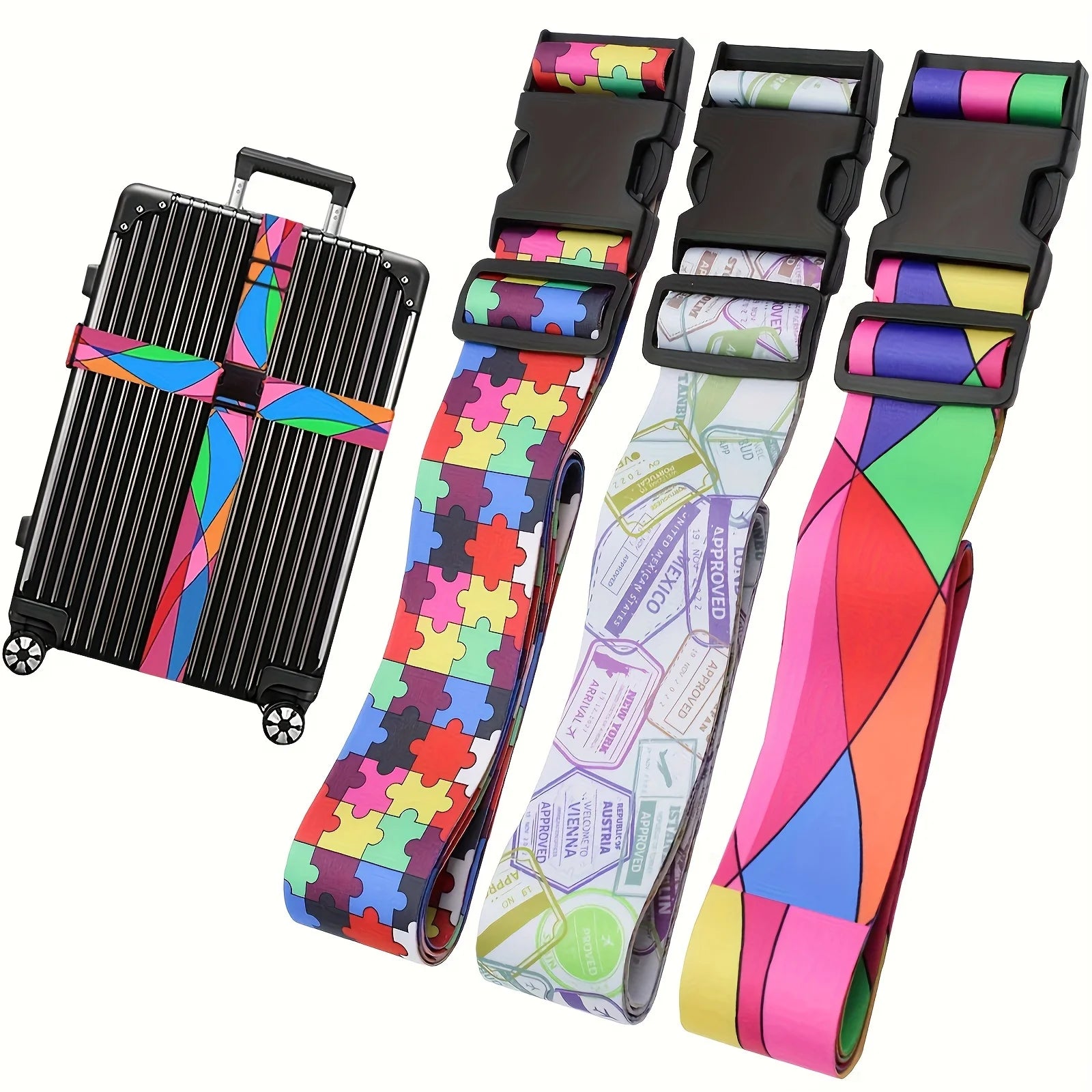New Colorful Straight Shaped Luggage Straps for Suitcase, Polyester Luggage Belt with Adjustable Release Buckle Travel Accessory
