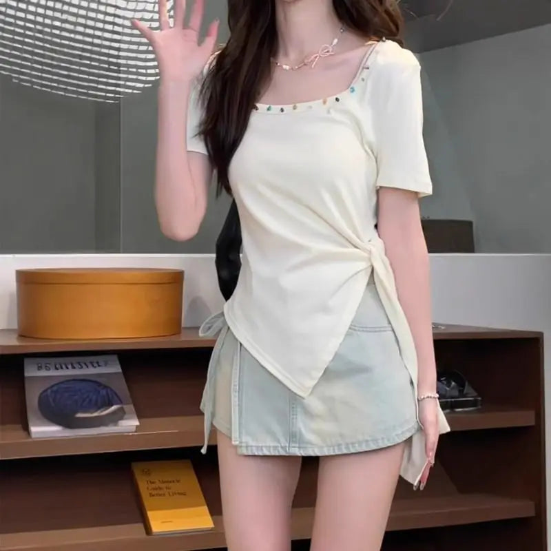 Large size women's clothing summer new solid color commuter style casual square collar split irregular short-sleeved T-shirt