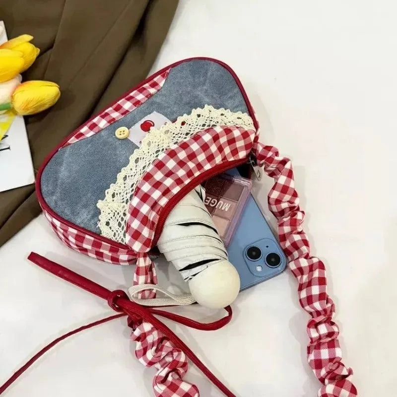 Y2K Grid Bowknot Underarm Bag Women Lace Shoulder Bag Korean Style Aesthetic Handbag Large Capacity Crossbody Bag Fashion Cute