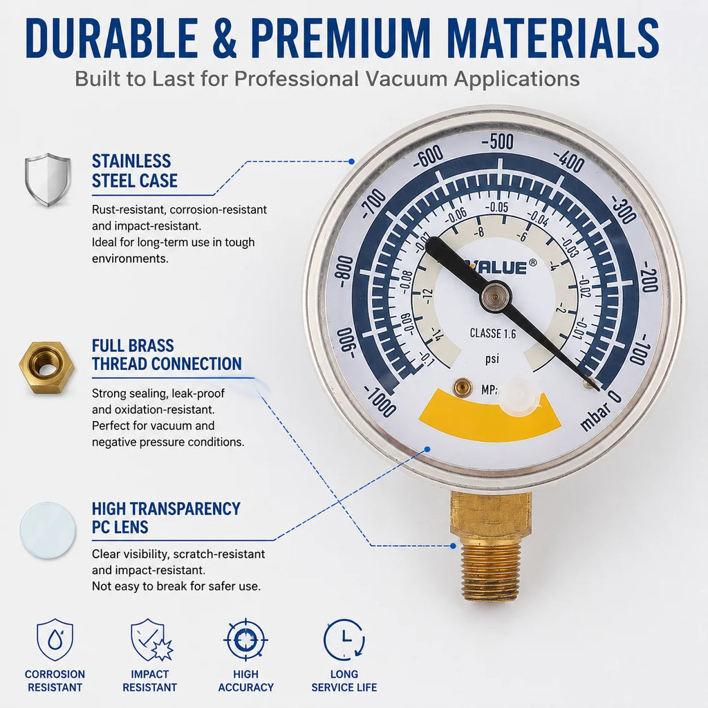 Accurate Vacuum Negative Pressure Gauge 0-14psi 60mm Dial Display G1/8 NPT1/8 Connector for Vacuum Pump AC Fridge Repair