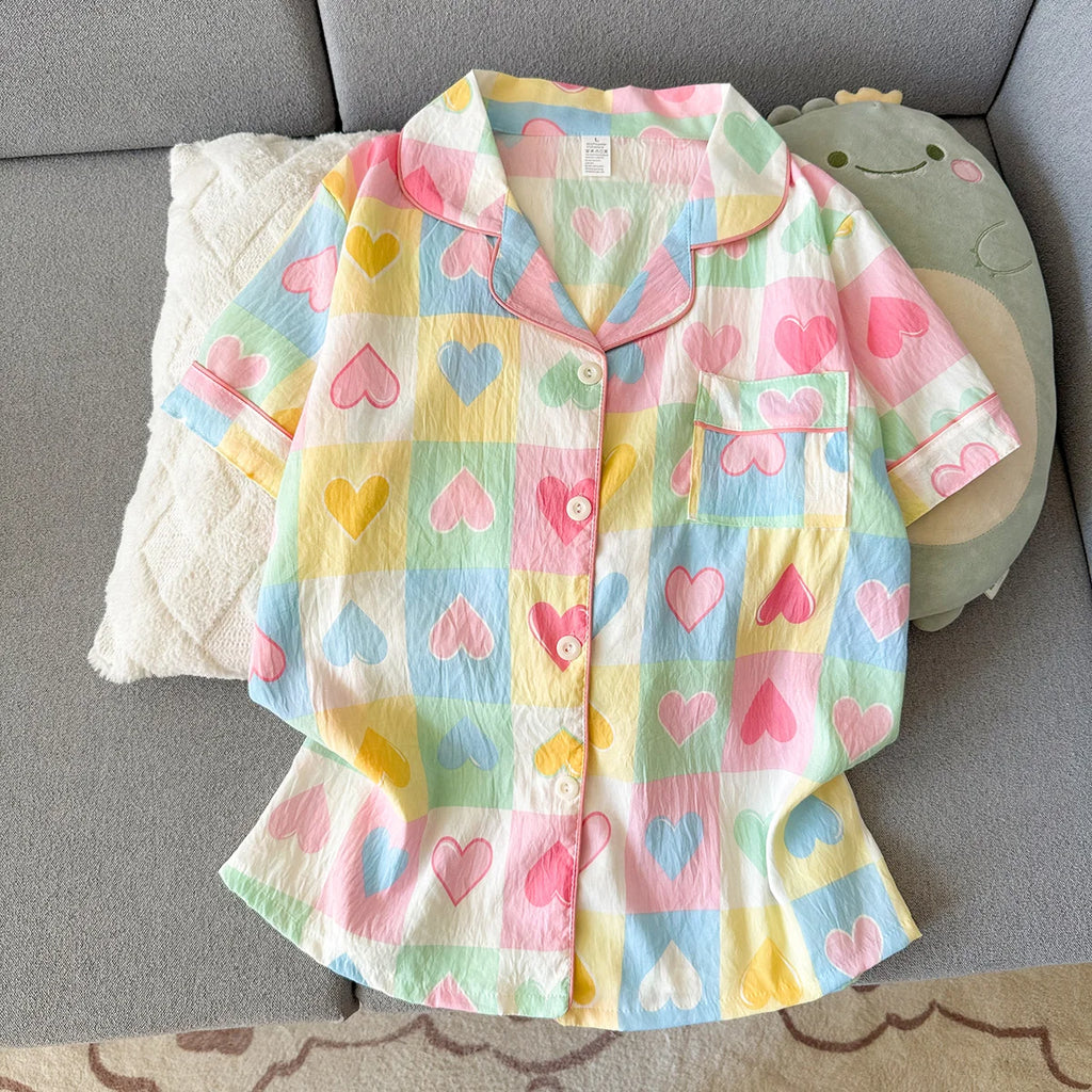 Women's Summer Thin Pajamas with Plaid Heart-Shaped Pattern, Short-Sleeved Shorts, Sweet and Cute, Can Be Worn Outside in Summer, Two-Piece Home Wear Set