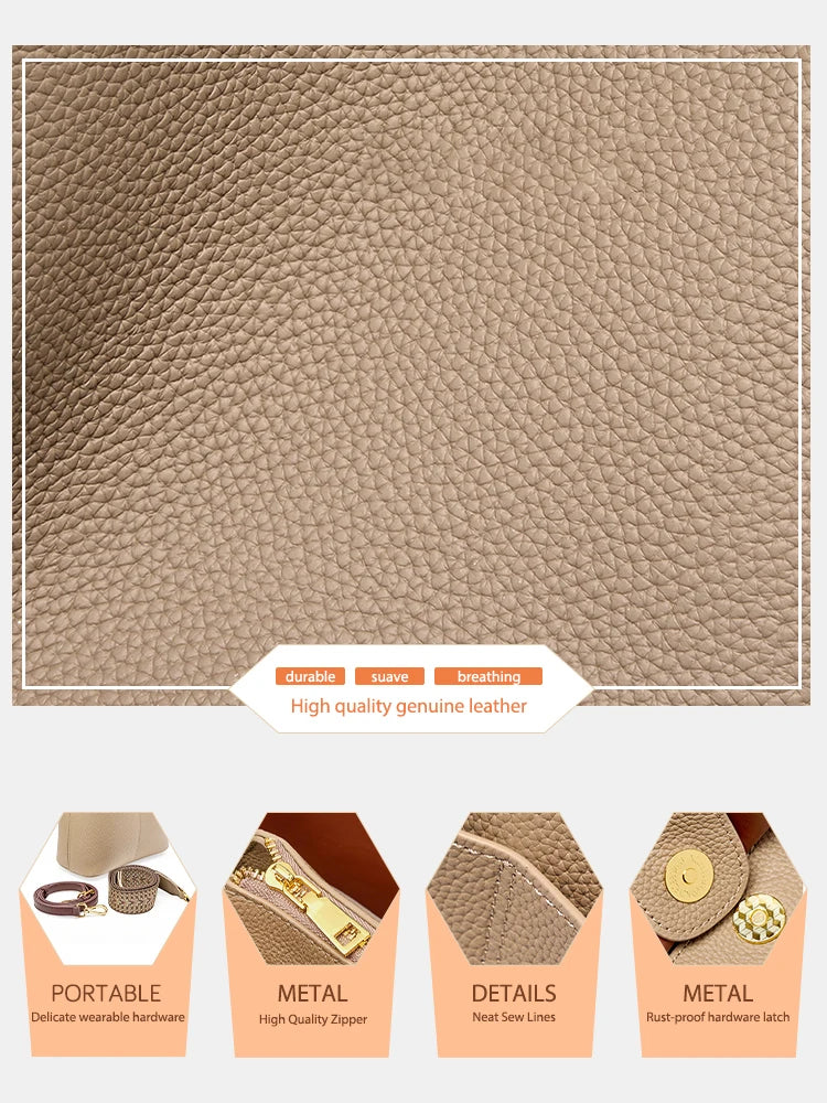 Zency Genuine Leather Top Quality Bucket Bag for Women Versatile Handbag Leather Tote Bag Green Crossbody Shopper Bags