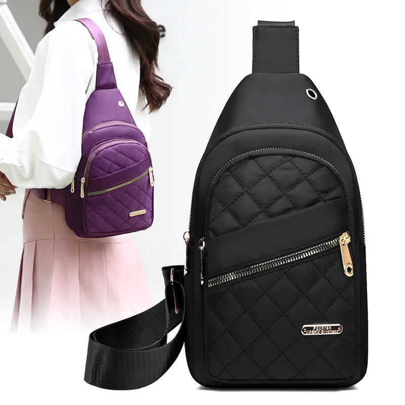2025 New Women's Embroidered Nylon Breast Bag Fashion Versatile Embroidery Thread Grid Crossbody Bag Simple Outdoor Travel Daily