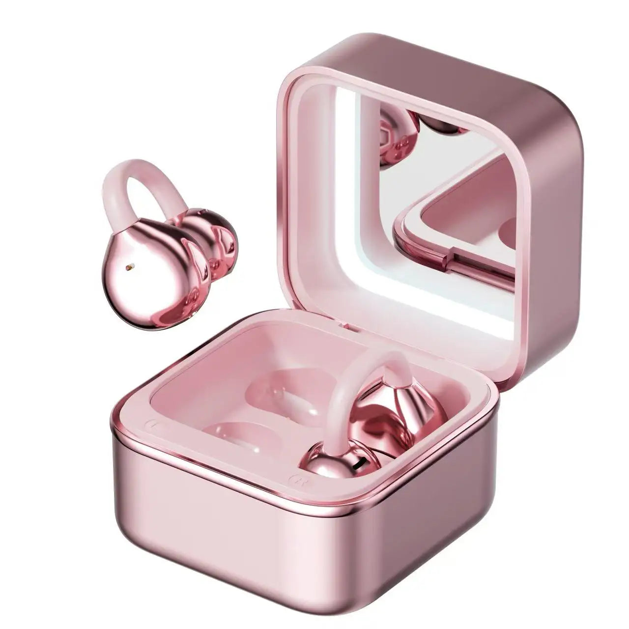 Clip On Open Ear Bluetooth 6.0 Earbuds, Jewelry Box LED Mirror Fill Light, HiFi Stereo Headphones, Fashion Gift For Women