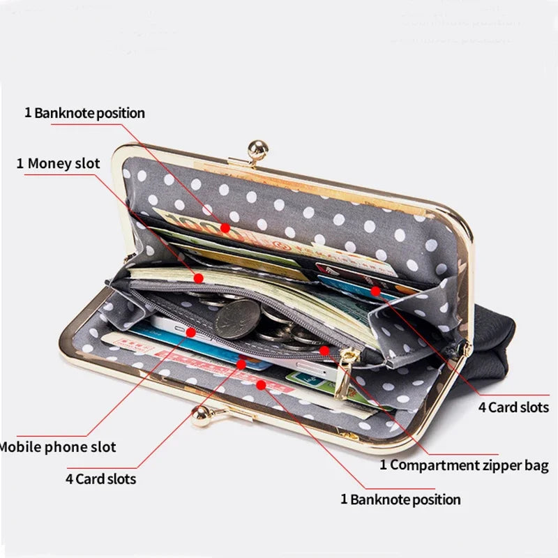 Vintage Genuine Leather Clutch Purses for Women Small Evening Bag with Kiss Lock Closure Metal Frame Long Large Clutch Wallet