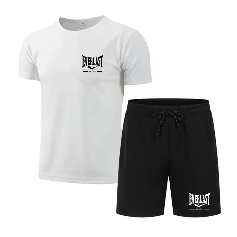 2026 New Everlast Boxing Men's 2-Piece Tracksuit, Summer Black Short Sleeve T-Shirt and Shorts Casual Sports Outfit