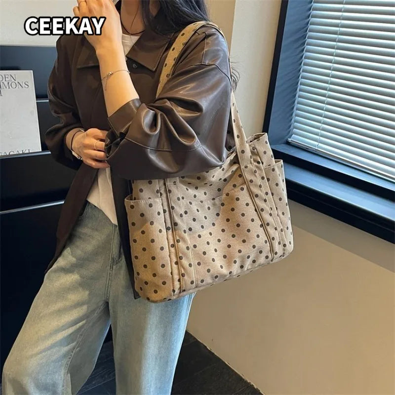 CEEKAY Small Dot Soft Canvas Hobo Bag Rectangular Open Top Multi Compartment Lightweight Ladies Casual Daily Hand Tote Purse