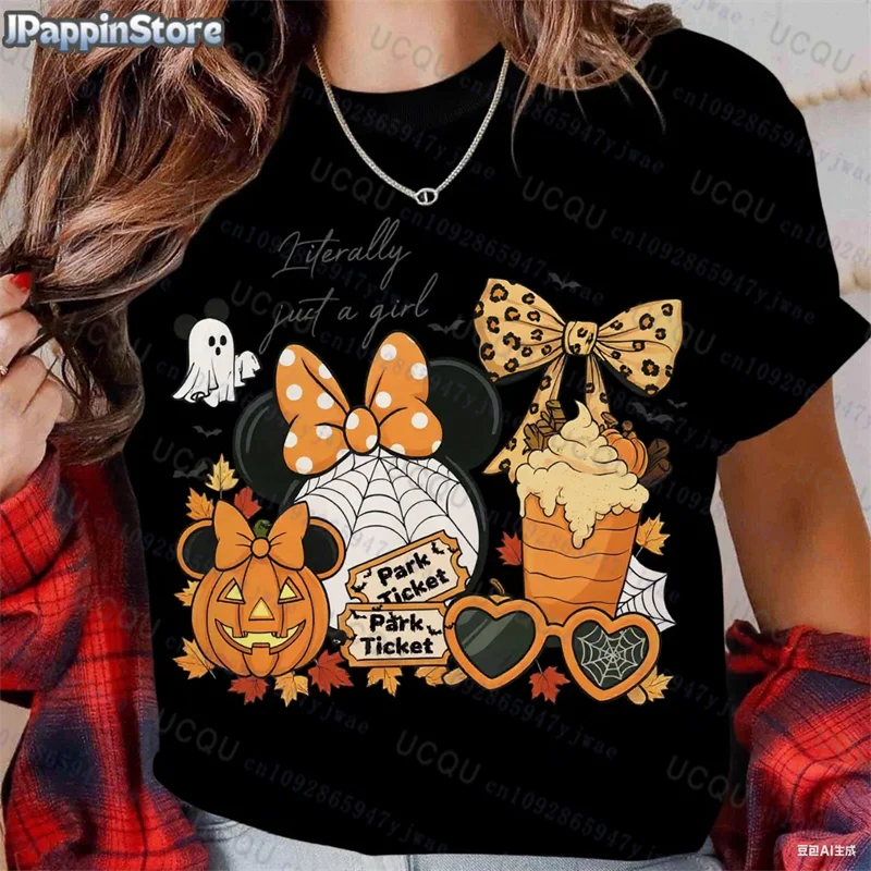 Pumpkin Mickey Halloween Short Sleeve Summer Sport Casual Women's Clothing Streetwear Classic Creative Pullover Y2K Streetwear