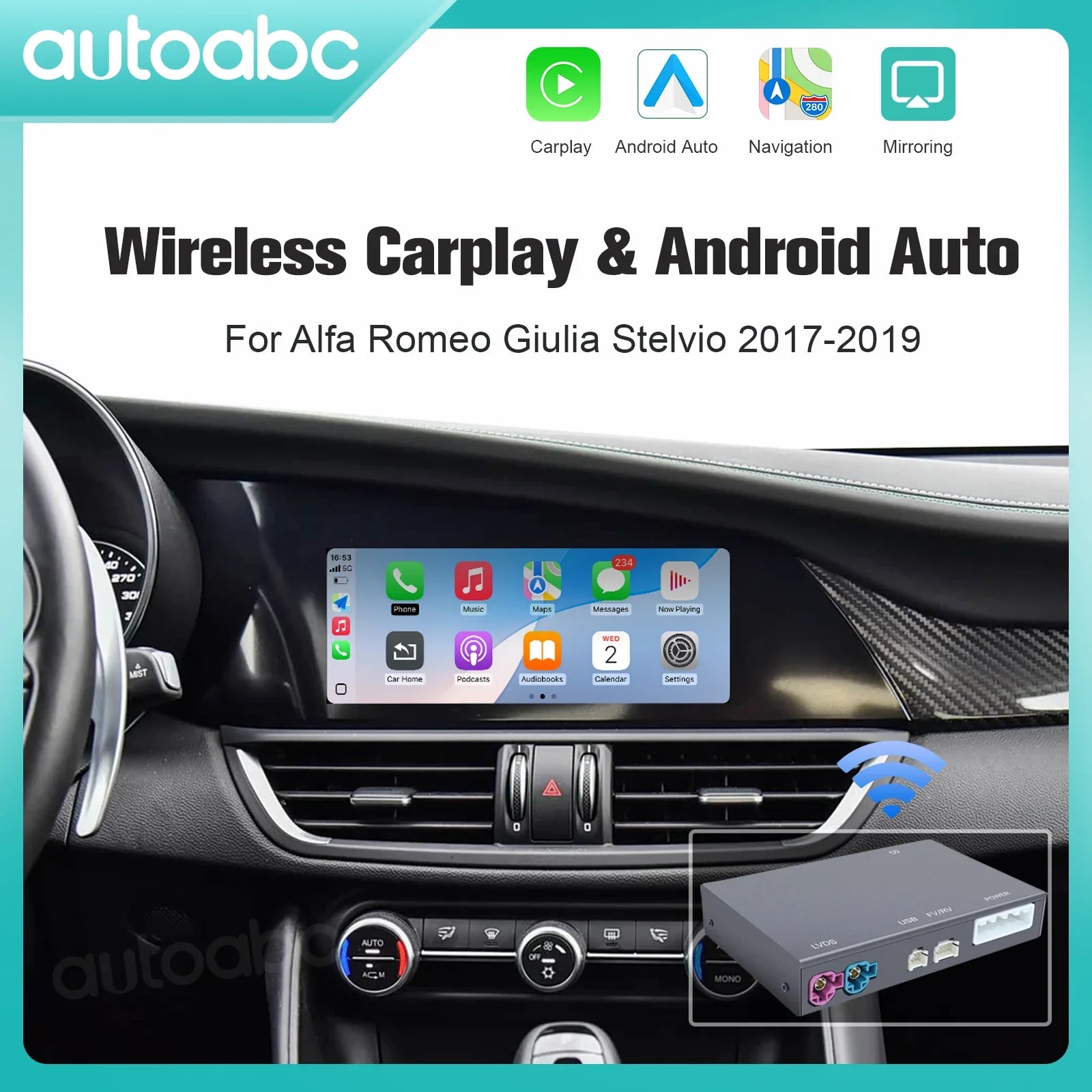 AUTOABC 2025 New For Alfa Romeo Stelvio /Giulia 2017-2019 Wireless CarPlay Android AutoAirPlay Navigation Car Play Functions