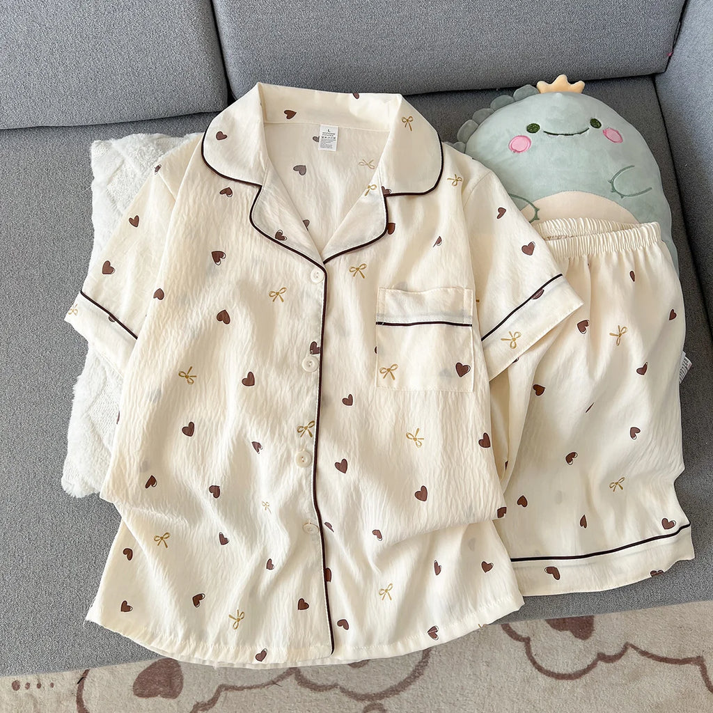 Women's Summer Thin Pajamas with Heart-Shaped Pattern, Short-Sleeved Shorts, Sweet and Cute, Can Be Worn Outside in Summer, Two-Piece Home Wear Set