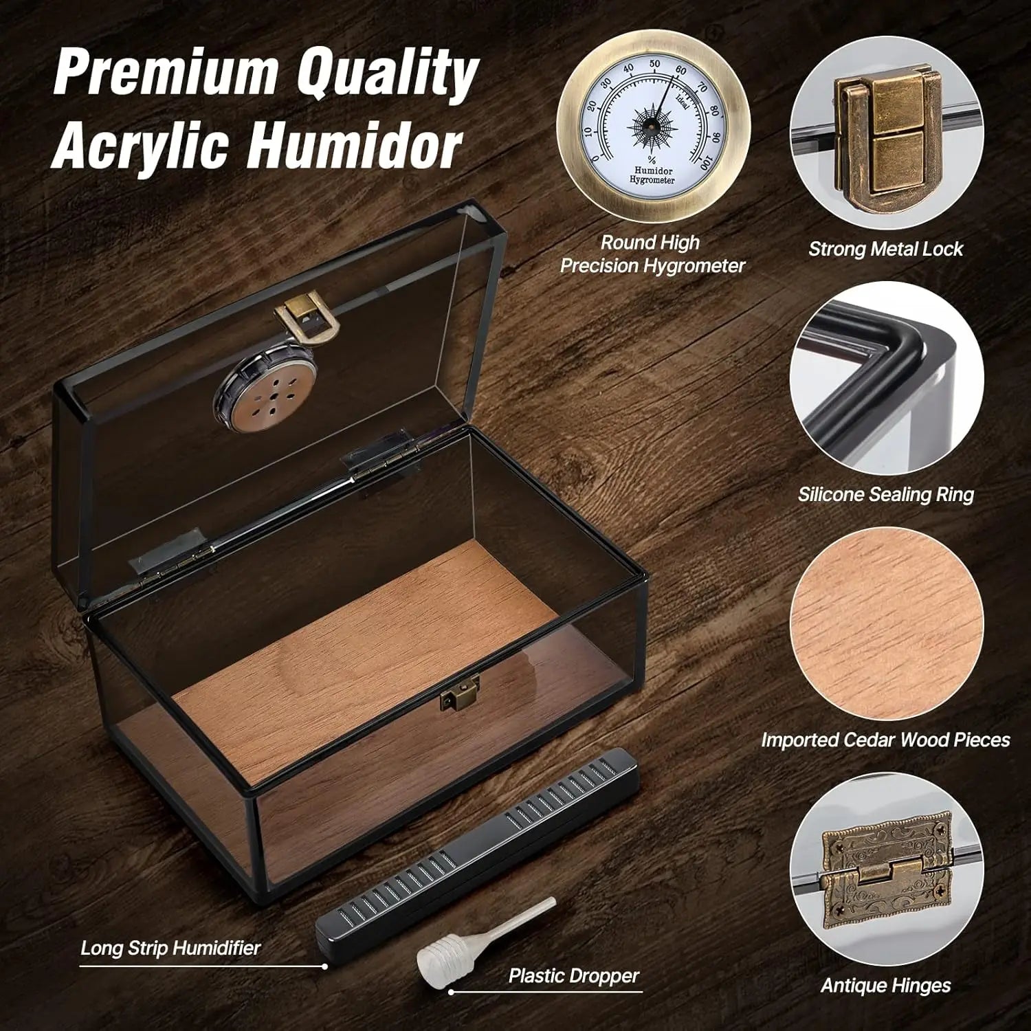 Acrylic Humidor - Cigar Box With Hygrometer, Humidifier & Accessories, Holds 20 Cigars