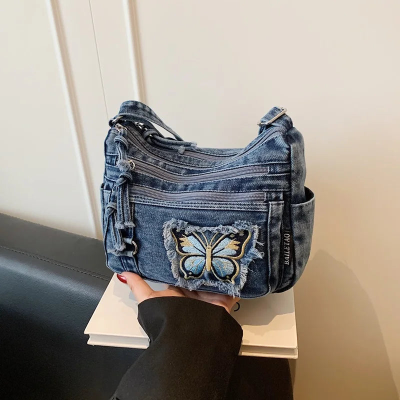 Korean Version Denim Crossbody Bag with Cute Butterfly Embroidery – Adjustable Strap, Multi-Pocket Small Sling for Women