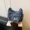 Korean Version Denim Crossbody Bag with Cute Butterfly Embroidery – Adjustable Strap, Multi-Pocket Small Sling for Women