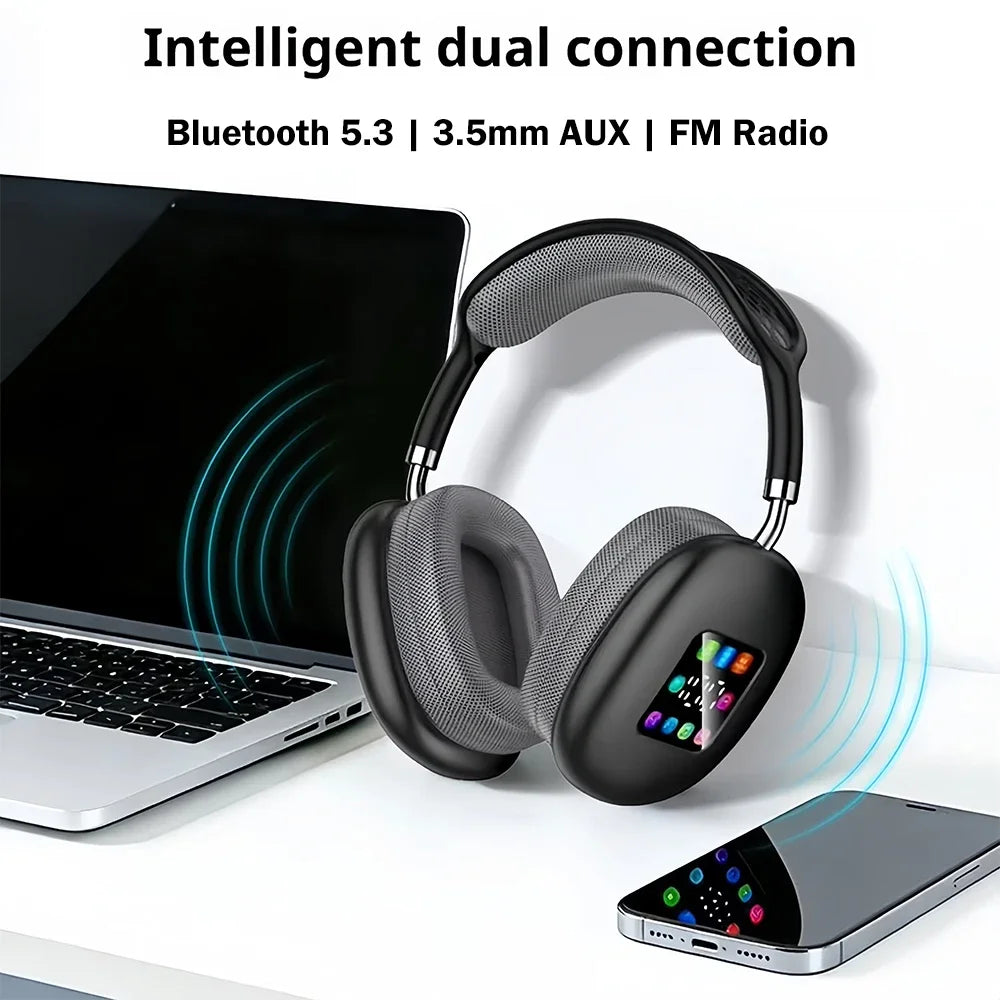 KEBIDUMEI Bluetooth 5.3 Headphones with LCD Screen Noise Cancellation Wireless Headsets with FM Radio 3.5mm Over Ear Earphones
