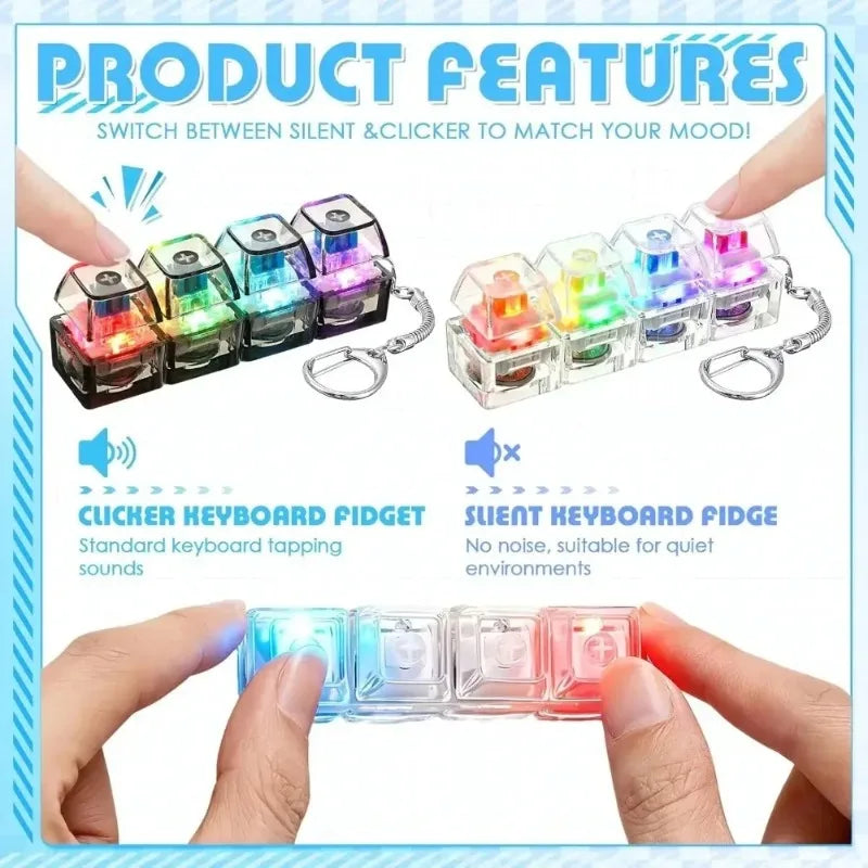  NEW Multi-choice Light Up Keyboard Keychain Crystal Clicker Fidget Toy Stress Relief Sensory Toy Portable Car Desk Decor Gift