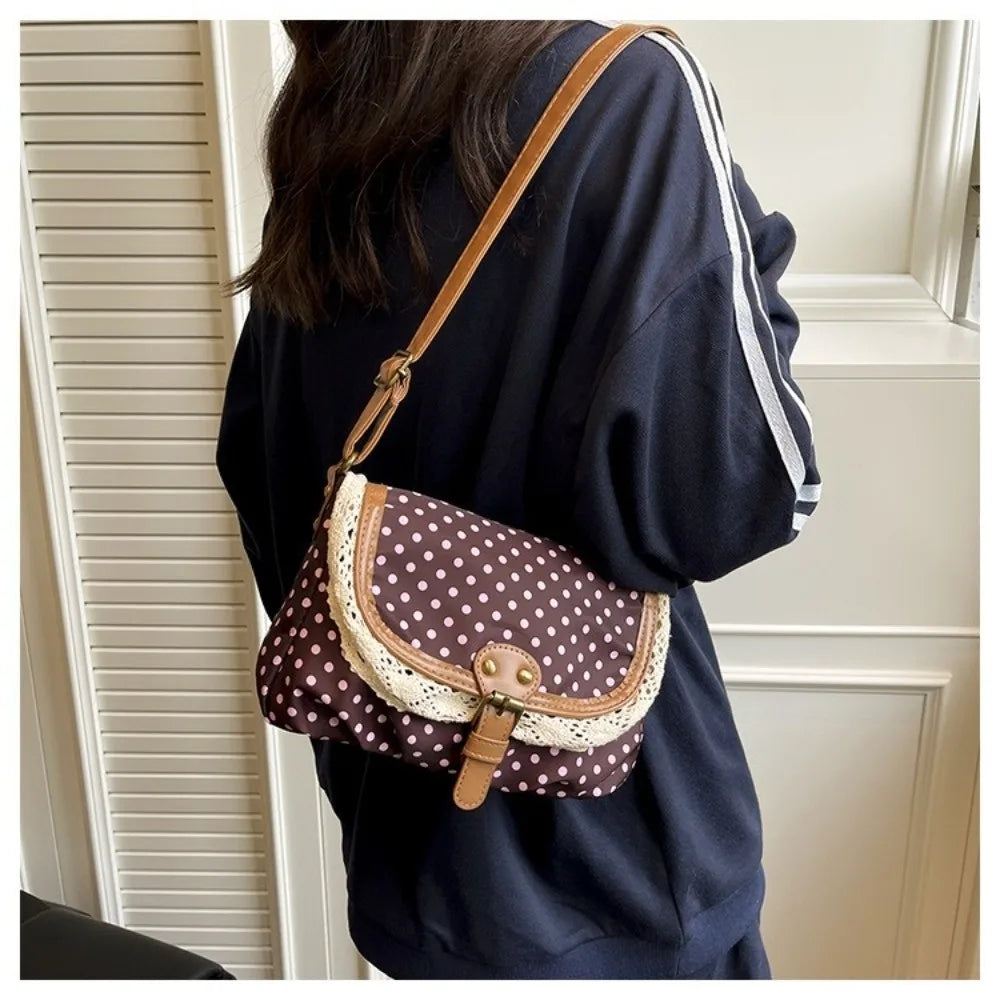 New Polka Dot Crossboby Bag Canvas Lace Trim One-Shoulder Bag Vintage Casual Commuting Bag for Women