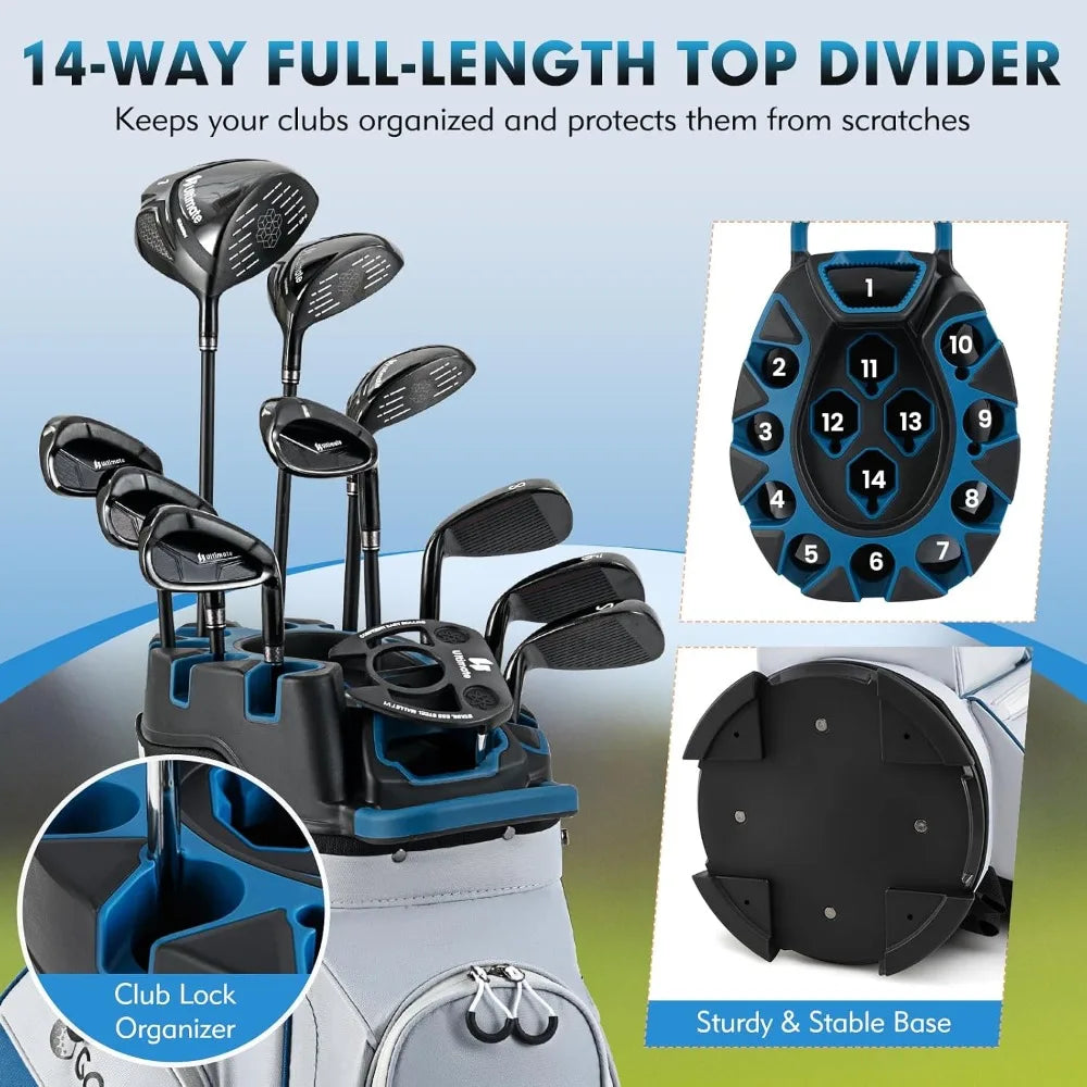 14-Way Full Length Dividers Golf Cart Bag,Molded Lock Top,11 Pockets & Cooler Pocket,Padded Design, Custom