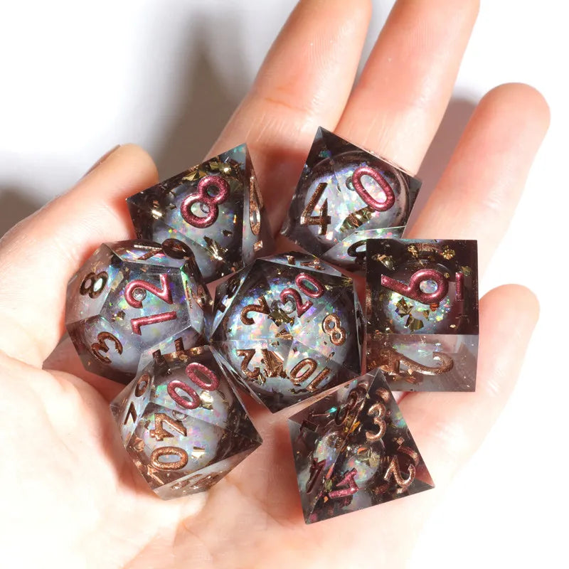 MINI PLANET Gold Sand Liquid Core Dice D&D Set Handmade Polyhedral Resin Dice With Sharp Edge For TRPG DND D6 D20 Dice Games